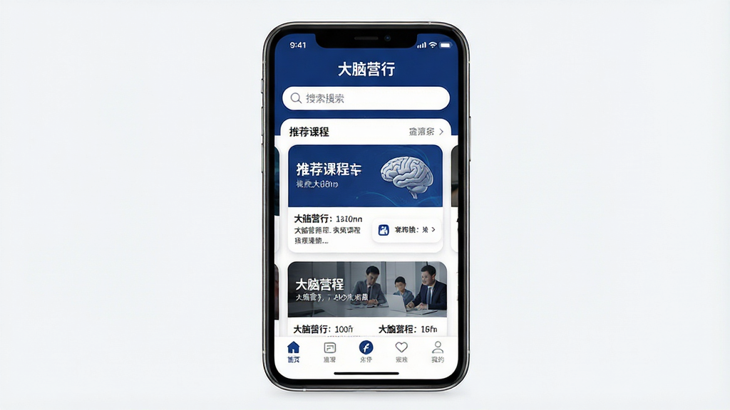һ��չʾ����Ӫ��APP����ȫò��ͼƬ��������һ�������ֻ���Ļ����Ļ������ʾ������Ӫ�С�APP�������棬�����Ϸ������������м����Ƽ��γ̿�Ƭ���·��ǵײ��������������������Ű��࣬����ִ�����ϸ���Ͽ�ƬԲ����ƣ���ɫ�������Ͱ�ɫΪ�������ʸ��壬�ɾ����޶���Ԫ��