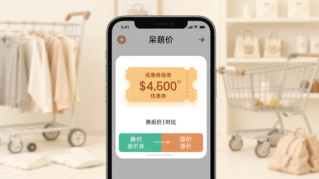 �ֻ�����չʾ���ȼ�APP�Զ�ʶ����Ʒ���Ӻ󵯳��Ż�ȯ��ȡҳ�棬��Ļ��������Ŀ���Ż�ȯͼ��ͽ�����֣��·���ʾȯ��ۺ�ԭ�۶Ա�����������ǳɫ���ﳡ������������죬ϸ�����������ʸɾ����޶���Ԫ�ء�