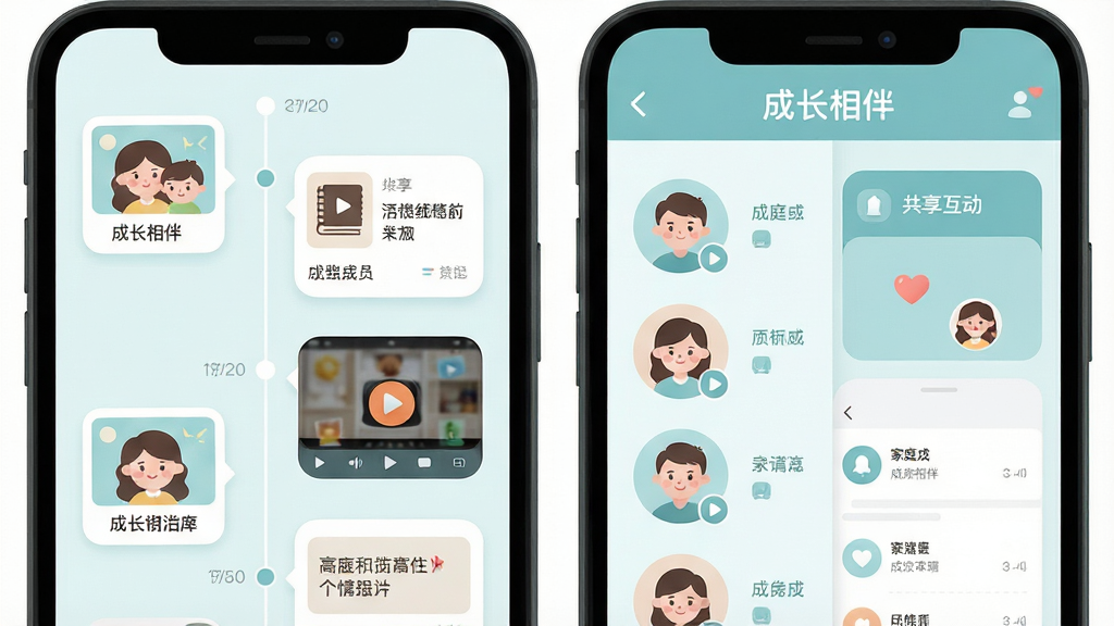 һ��չʾ���ɳ���顱APP�ڲ�����ĸ���ͼ���������չʾʱ������ͼ����������Ƭ�����֡���Ƶ�Ȳ�ͬ��¼��Ƭ����ʱ��˳�����У��Ҳ�չʾ��ͥ��Աͷ���б��͹����������棬�����С��ɳ���顱�ı����������������͵�����ɫ������ƽ����Ʒ�񣬽��沼���������࣬ͼ��Բ��ɰ������ʸɾ��޶���Ԫ��