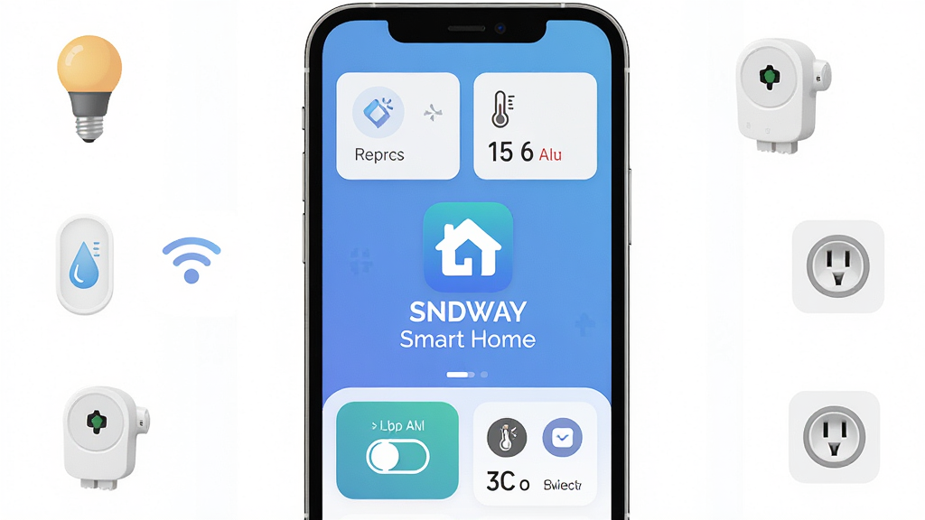 һ��չʾSNDWAY Smart Home��������ȫò��ͼƬ��������һ���ִ���Լ�����ֻ����棬��Ļ������ʾ�š�SNDWAY Smart Home����Appͼ������ƣ����沼�ְ����豸��Ƭ����ʪ�����ݡ����ذ�ť�ͳ���ģʽͼ�꣬�Ű��������򣬷��Ϊ��ƽ���Ƽ��У�ϸ�����ֻ���Χ���������ܵ��ݡ���ʪ�ȴ����������ܲ�����Сͼ�꣬���ʸɾ��������޶���Ԫ��
