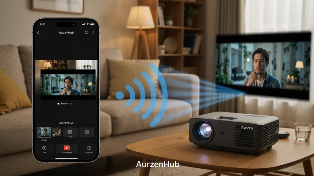 ��ϸ����һ��AurzenHubͶ�����ܵĳ���ͼ�����������һ���ֻ���Ļ��ʾAurzenHub��Ͷ�����棬�Ҳ���һ̨AurzenͶӰ�豸���ڲ����ֻ����͵���Ƶ���棬�м��������źŲ������ӣ���������ܰ�ļҾӿ��������������ʵ�����ϸ�����������ʸɾ��������޶�������Ԫ�أ������д�