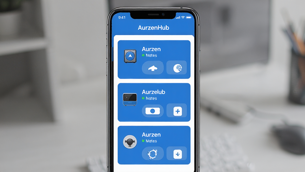 ��ϸ����һ��AurzenHub���豸���������ͼƬ�������������ֻ���Ļ����Ļ����ʾ��̨Aurzen�豸�Ŀ�Ƭ�б���ÿ�ſ�Ƭ�����豸���ơ�����״̬�Ϳ�ݿ��ư�ť���������룬������ִ�����ɫ��ɫ����ͼ�����������ʸɾ��޶���Ԫ�أ�������