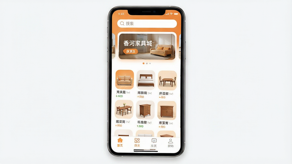 һ��չʾ����ӼҾ߳ǡ�App���������ϸͼƬ��������һ�������ֻ���Ļ����Ļ����ʾApp��ҳ����������������ֲ�ͼ���м��ǼҾ߷���ͼ����ɳ�����������������ӵȣ��ײ��ǵ����������ֲ������½ṹ���Ű�����������ִ���ƽ����ϸ����ͼ��Բ����ɫ��ů��ɫ�Ͱ�ɫΪ�������ʸ��壬����ɾ����޶���Ԫ��