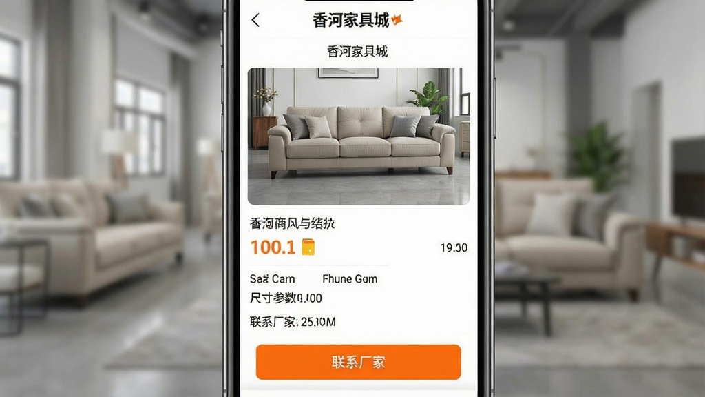 һ��չʾ����ӼҾ߳ǡ�App��Ʒ����ҳ��ͼƬ���������ֻ���Ļ��ʾһ��ɳ������ϸ��Ϣ��������ͼ���۸񡢳ߴ�����͡���ϵ���ҡ���ť������Ϊ���½ṹ���Ű������������ʵ�ã�ϸ���ϰ�ťΪ��Ŀ�ĳ�ɫ���������������ʸ��壬����ɾ����޶���Ԫ��