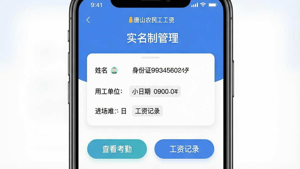 һ���ֻ�Ӧ�ý����ͼ��չʾ����ɽũ�񹤹��ʡ�APP��ʵ���ƹ���ҳ�棬ҳ�涥���С�ʵ���ƹ��������⣬�м���ʾ������Ϣ��Ƭ����������������֤�š��ù���λ���������ڵ��ֶΣ��ײ��С��鿴���ڡ��͡����ʼ�¼��������ť���������ִ���ƽ��ϸ��Բ�󣬻��ʸɾ�