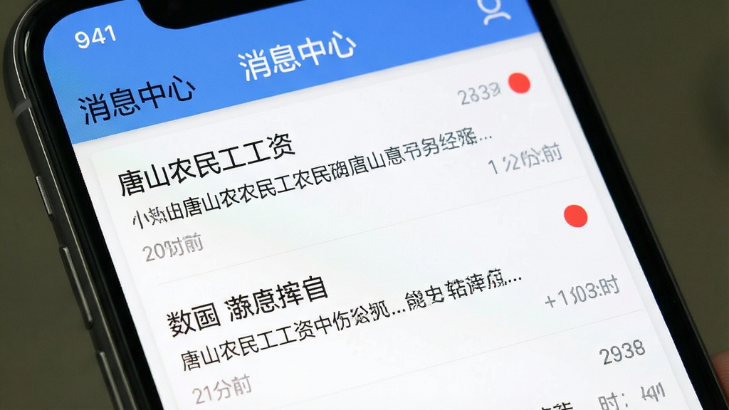 һ���ֻ�Ӧ�ý����ͼ��չʾ����ɽũ�񹤹��ʡ�APP����Ϣ֪ͨҳ�棬ҳ�涥���С���Ϣ���ġ����⣬�·�����Ϣ�б���ÿ����Ϣ�б��⡢ժҪ��ʱ�䣬δ����Ϣ�к����ʾ�������������ˣ����������׶������ʸɾ��޶���Ԫ��