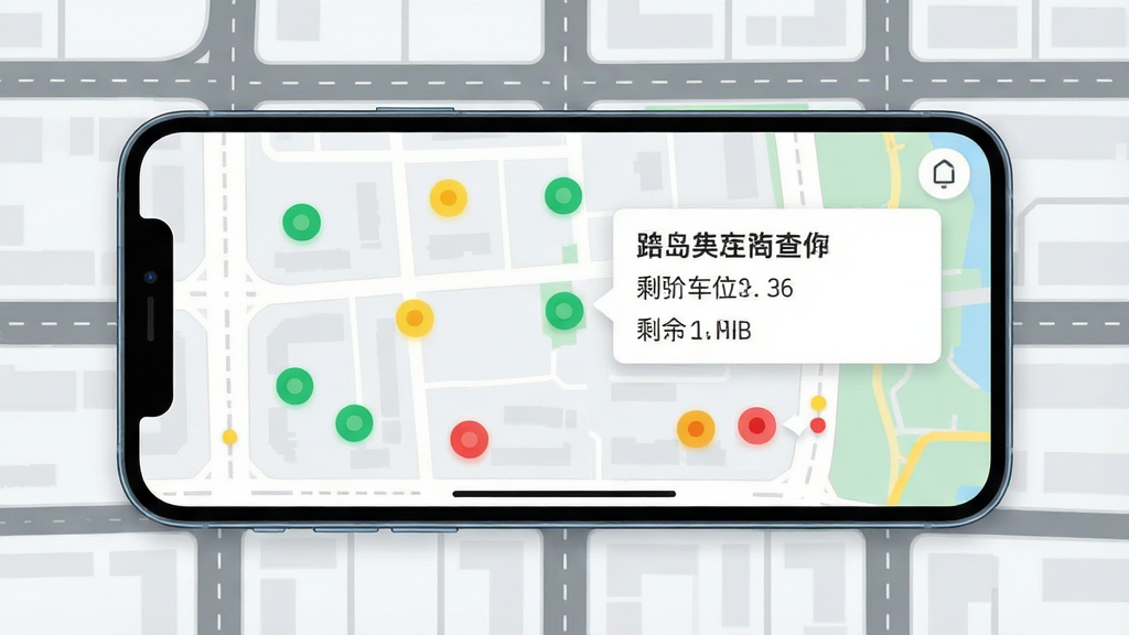 一张展示千岛停车APP实时车位查询功能的图片,画面中一部手机横屏显示地图界面,地图上有多个停车场标记点,分别用绿色、黄色、红色圆点表示车位充足、紧张、已满状态,点击某个标记点弹出详情卡片显示停车场名称和剩余车位数,背景是简洁的城市道路网格,风格现代扁平,细节清晰,画质干净,无多余元素