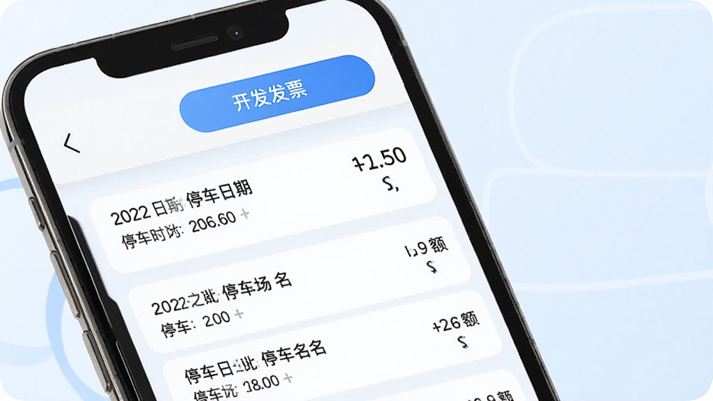 一张展示千岛停车APP停车记录与电子发票功能的图片,画面中一部手机竖屏显示停车记录列表,每条记录包含停车日期、停车场名称、停车时长和金额,顶部有开发票按钮,背景是简洁的白色和浅蓝色界面,风格现代商务,细节清晰,画质干净,无多余元素