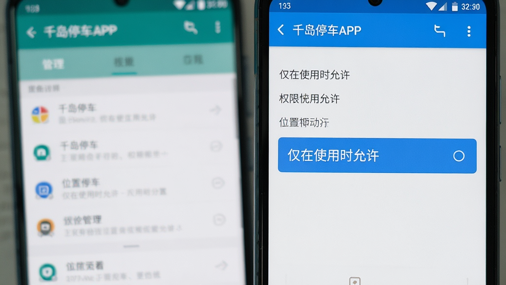 一张展示千岛停车APP在手机上安装和权限设置界面的图片,画面中一部安卓手机显示应用权限管理页面,位置权限选项高亮显示“仅在使用时允许”,背景是手机设置界面的模糊虚化,风格简洁清晰,细节明确,画质干净,无多余元素