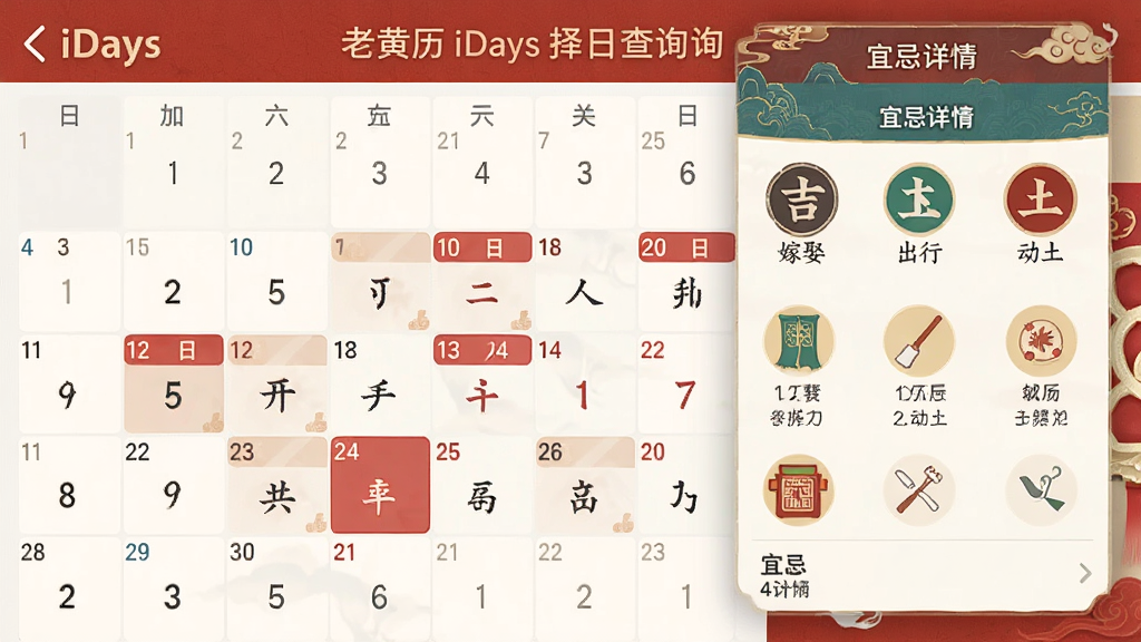�ϻ���iDaysӦ�������ղ�ѯ���棬���������б�ע�˼��ո������Ҳ൯��ĳ���ڵ��˼�������壬������Ȣ�����С�����������ͼ�꣬�й�����ɫ���������࣬��������