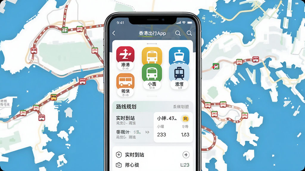 一张展示香港出行易App核心功能的手机界面截图,画面中央是手机屏幕,屏幕内显示香港出行易App的主页,包含港铁、巴士、小巴、渡轮等交通图标,下方有路线规划和实时到站信息,背景是香港城市交通网络图,风格现代扁平,细节清晰,画质干净,无多余元素