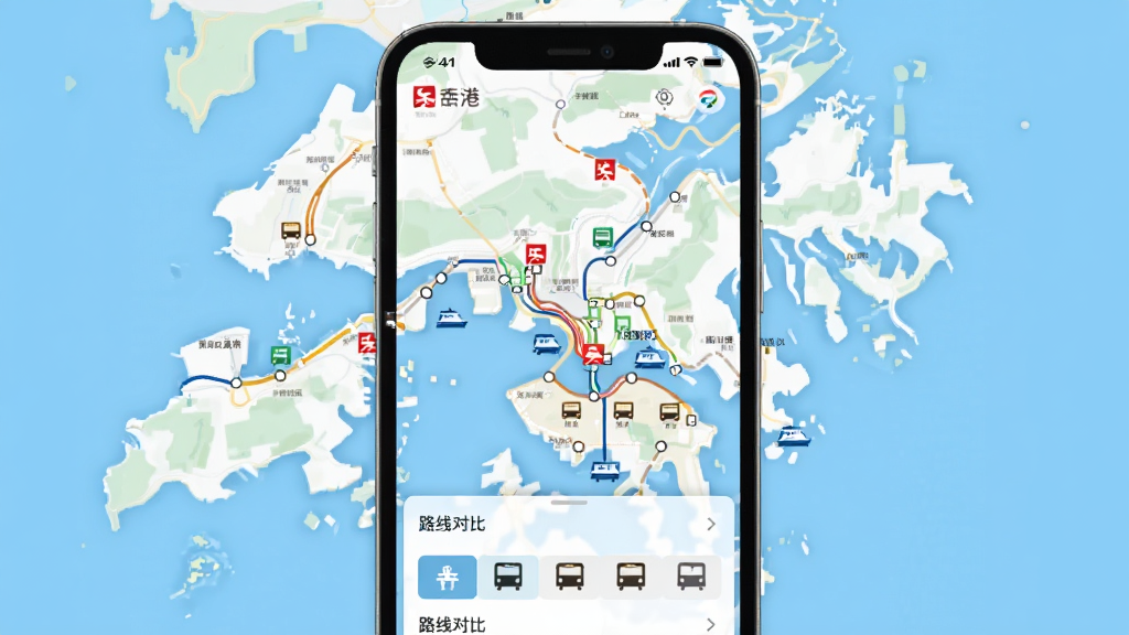 一张展示香港出行易App全港交通覆盖功能的界面截图,画面中手机屏幕显示香港地图,地图上标注了港铁线路、巴士站点、渡轮码头等图标,屏幕下方有路线方案对比列表,风格简洁直观,画质干净无多余元素