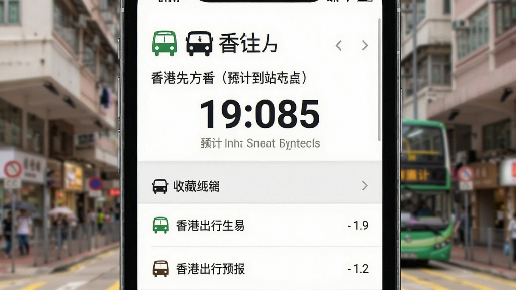 一张展示香港出行易App实时到站预报功能的手机截图,屏幕上方显示巴士线路号码和预计到站时间倒计时,下方有收藏线路列表,背景是香港街景虚化,风格清晰易读,画质干净,无多余元素