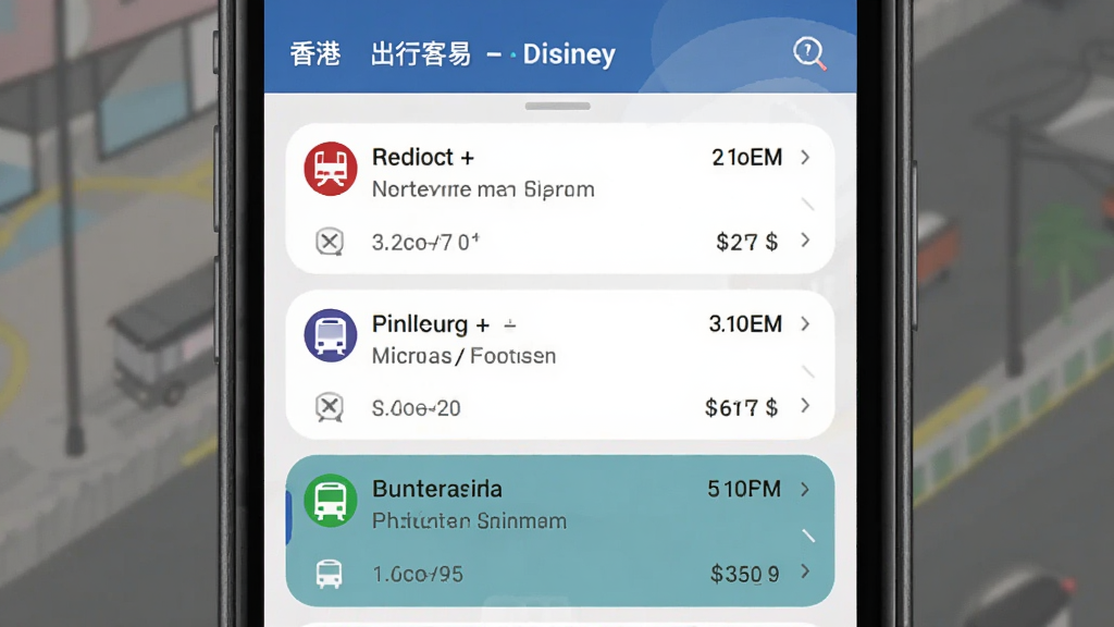 一张展示香港出行易App路线规划功能的界面截图,手机屏幕显示从尖沙咀到迪士尼的多种交通方案对比,包含港铁换乘和巴士直达选项,每个方案标注耗时和费用,风格信息层级分明,画质干净,无多余元素