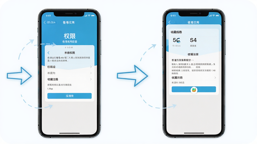 一张展示香港出行易App新手使用指南的示意图,画面中手机屏幕显示App的权限设置界面和收藏线路操作步骤,旁边有简单的箭头标注,风格清晰易懂,画质干净,无多余元素