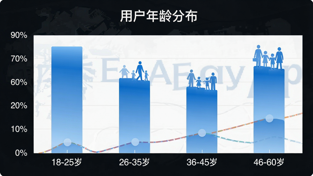 一张展示香港出行易App用户年龄分布的柱状图,图表标题为