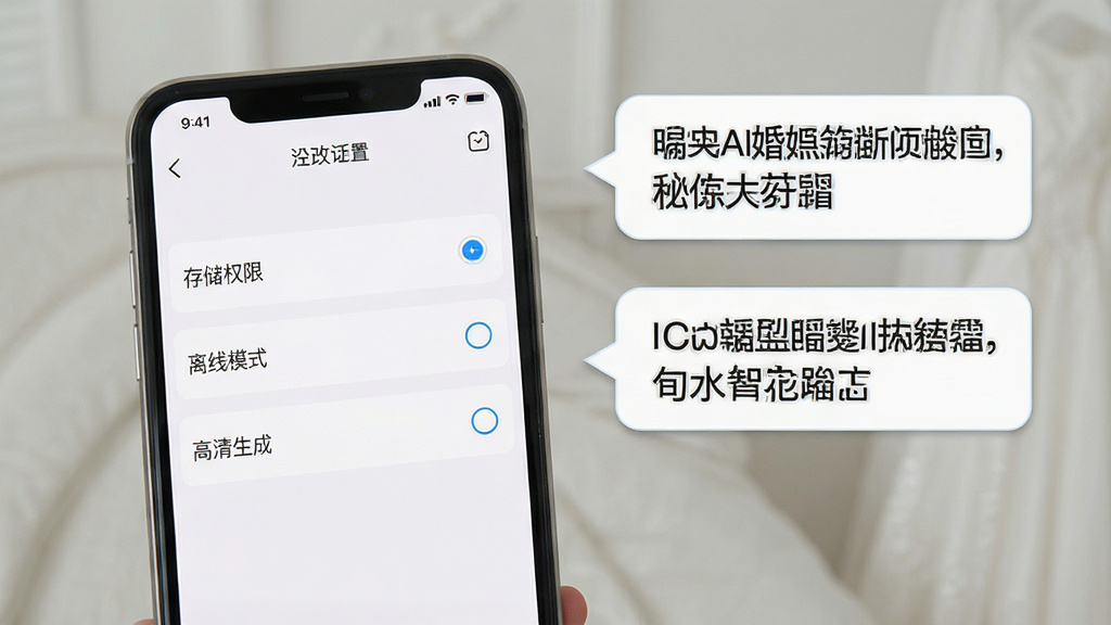 һ��չʾAI��ɴ��ʹ��ע�������ͼƬ���������ֻ���Ļ��ʾ��App������ҳ�棬�С��洢Ȩ�ޡ�������ģʽ�����������ɡ���ѡ��Ա�����ʾ���ֿ򡣲������������ʵ�ã�ϸ�ڸɾ��������������޶���Ԫ�ء�