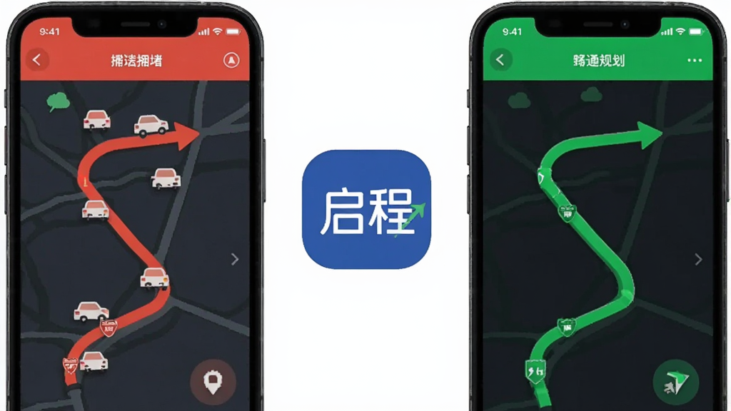 һ����Ϣͼ���廭��չʾ�����̡�App��·�߹滮���棬�����ӵ�µĺ�ɫ·�ߣ��ұ�����ɫ�ĳ�ͨ·�ߣ��м��С����̡�Logo����������죬��������