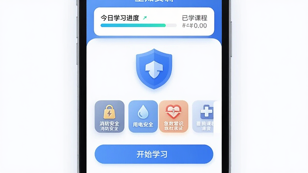 �ֻ���Ļչʾ��֪��ѵAPP�����棬��ɫ��ȫ����ͼ����У��Ϸ���ʾ����ѧϰ����������ѧ�γ��������м��ǰ�ȫ֪ʶ���࿨Ƭ������������ȫ���õ簲ȫ�����ȳ�ʶ��ͼ�꣬�·��ǿ�ʼѧϰ��ť���ҵĿγ���ڣ����岼��������������ɫ����ƽ����ƣ�ϸ��Բ�󣬻��ʸɾ��޶���Ԫ��