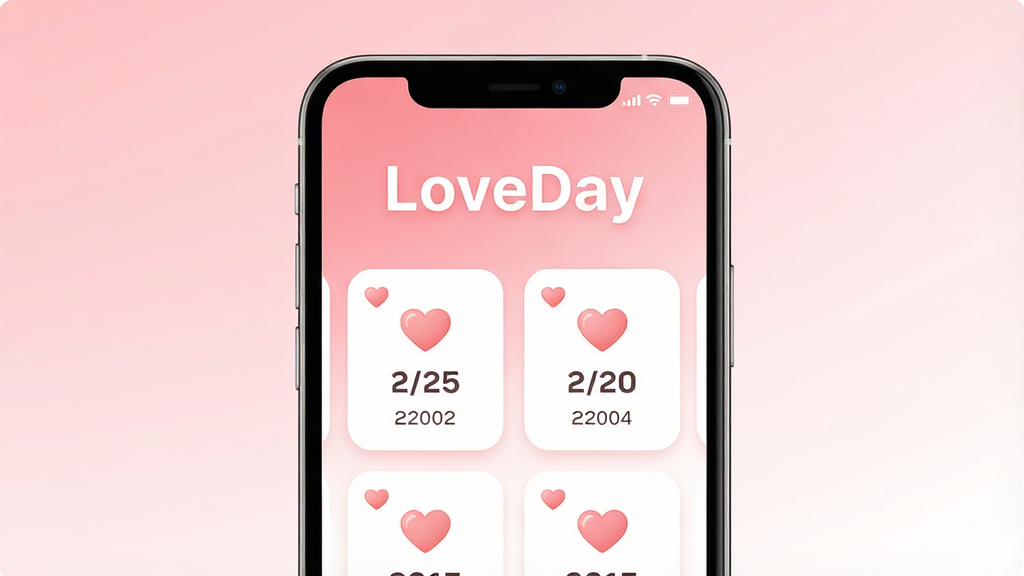 һ�ż�����µ��ֻ�Ӧ�ý���չʾͼ������������LoveDayӦ�õ������棬����Ϊ��͵ķ۰׽���ɫ�������ô������д�š�LoveDay�����·�չʾ���������տ�Ƭ����Ƭ���а���ͼ����������֣������Ű���жԳƣ������ů������ϸ��Բ���£����ʸɾ��������޶���Ԫ��
