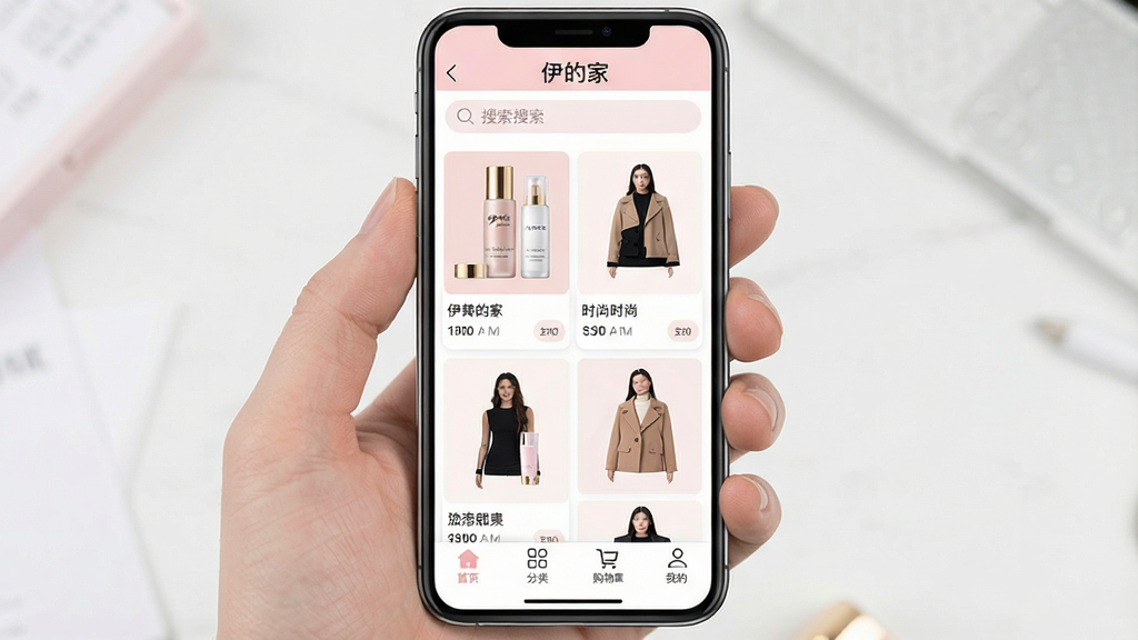 һ���ֻ���Ļչʾ����App��ҳ��ͼƬ�����������ǡ����ļҡ�App���棬���������������м�����ױ����Ʒ��ʱ�е�Ʒ����Ʒ��Ƭ�ٲ������ײ�����ҳ�����ࡢ���ﳵ���ҵ��ĸ�����ͼ�꣬���岼����������������ִ�����ɫ�԰�ɫ��ǳ��ɫΪ�������ʸɾ����޶���Ԫ��