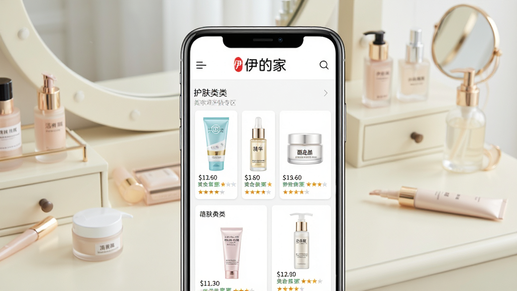 һ��չʾ���ļ�App��ױ����ר����ͼƬ������������һ���ֻ����棬��������ʾ�����ļҡ�Ʒ�Ʊ�ʶ���·��ǻ���Ʒ����Ʒ�б������������顢����Һ����˪����Ʒ��Ƭ����Ƭ���м۸�������Ǽ��������ǵ��ŵ���ױ̨���������ɾ���ˬ�������������޶���Ԫ��