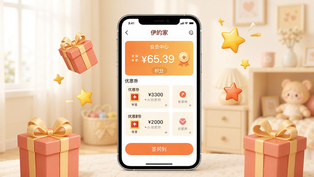 һ��չʾ���ļ�App��Ա���ĵ�ͼƬ�������������ֻ���Ļ����Ļ����ʾ�����ļҡ���Աҳ�棬�л������֡��Ż�ȯ�б���ǩ����ť����Χ��׺������к�����ͼ�꣬��������ܰ���������������ʸɾ����޶���Ԫ��
