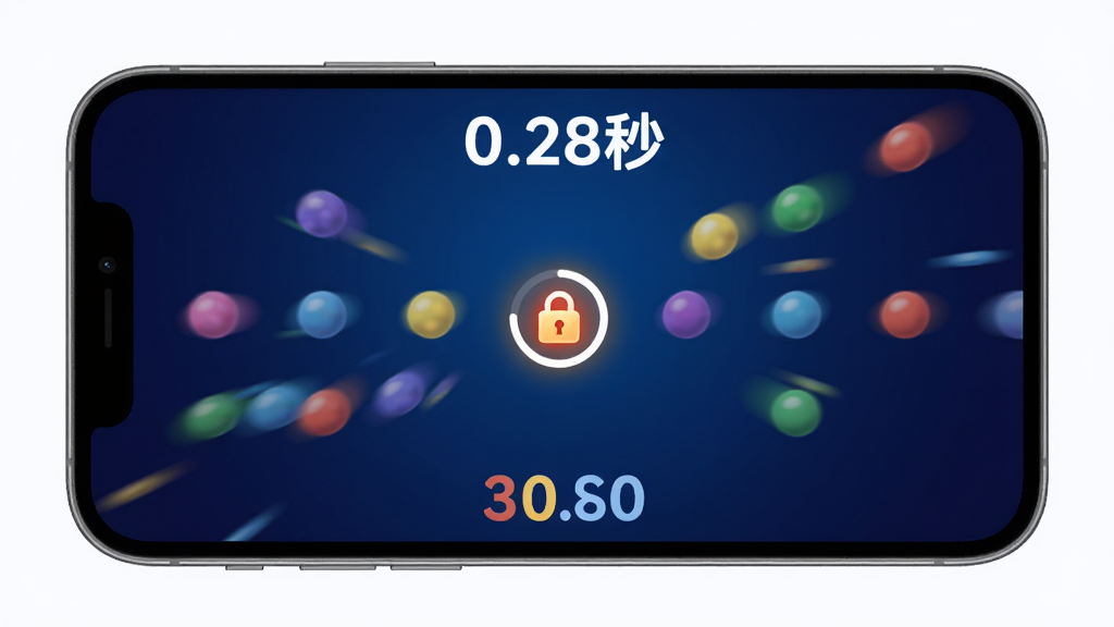 �����������ٱ���Ϸ�����л��棬�ֻ���Ļ��ʾ��������ƶ��Ĳ�ɫԲ�㣬����һ����������������Ļ�Ϸ���ʾ��Ӧʱ�䡰0.28�롱���·����������֣�����Ϊ����ɫ���䣬��������죬����������ϸ��Բ�󣬻��ʸɾ��޶���Ԫ��