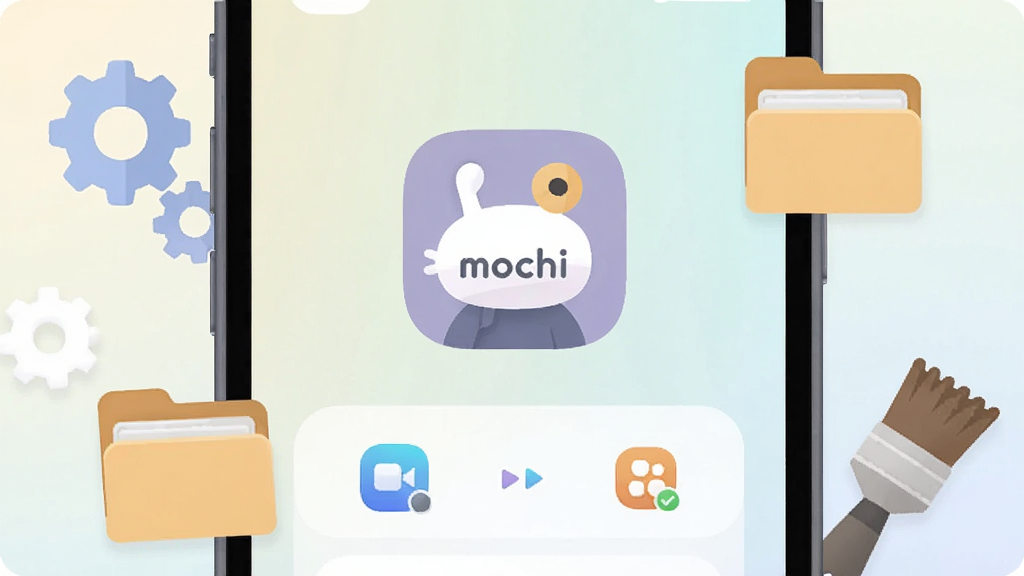 һ���ֻ���Ļ��д������������mochi������������ͼ��ͼ��Ĺ�����壬��Χ�����ų��֡��ļ��С�Сˢ�ӵȹ���Ԫ�أ���������͵�ǳɫ���䣬������±�ƽ��ϸ��Բ�󣬻��ʸɾ��޶���Ԫ��