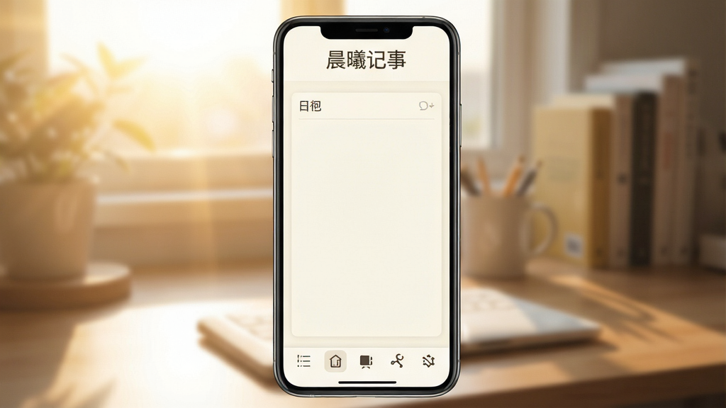 一张展示“晨曦记事”应用主界面的手机屏幕截图,画面中央是简洁的米白色日记编辑界面,顶部有“晨曦记事”的Logo和日期,底部是工具栏图标,整体风格清新简约,背景是虚化的清晨阳光和书桌,画质干净清晰,无多余元素