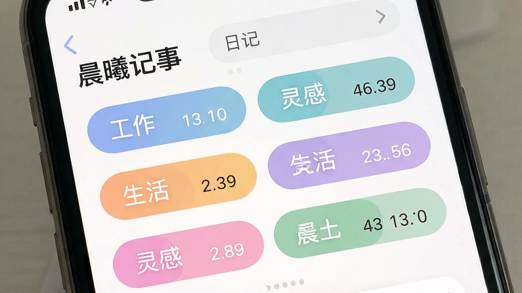 一张展示“晨曦记事”标签管理界面的手机截图,画面中显示了多个彩色标签如“工作”“生活”“灵感”等,每个标签旁边有日记数量统计,界面风格扁平化,配色柔和,画质干净,无多余元素
