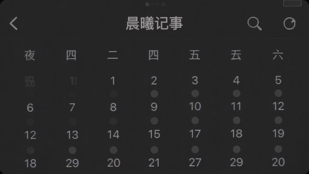 一张展示“晨曦记事”夜间模式界面的手机截图,画面中背景为深灰色,文字为浅灰色,整体对比柔和,日历视图可见,日期下方有小圆点标记,风格沉稳舒适,画质清晰,无多余元素