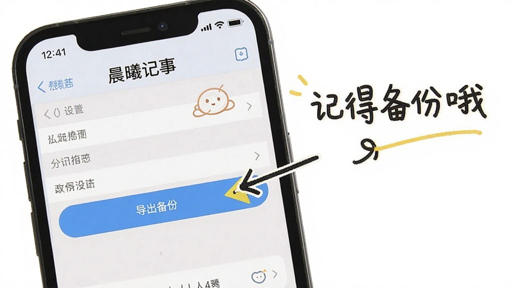 一张展示“晨曦记事”导出备份操作步骤的示意图,画面中手机屏幕上显示设置菜单,箭头指向“导出备份”按钮,旁边有手绘风格的提示文字“记得备份哦”,整体风格轻松活泼,画质清晰,无多余元素