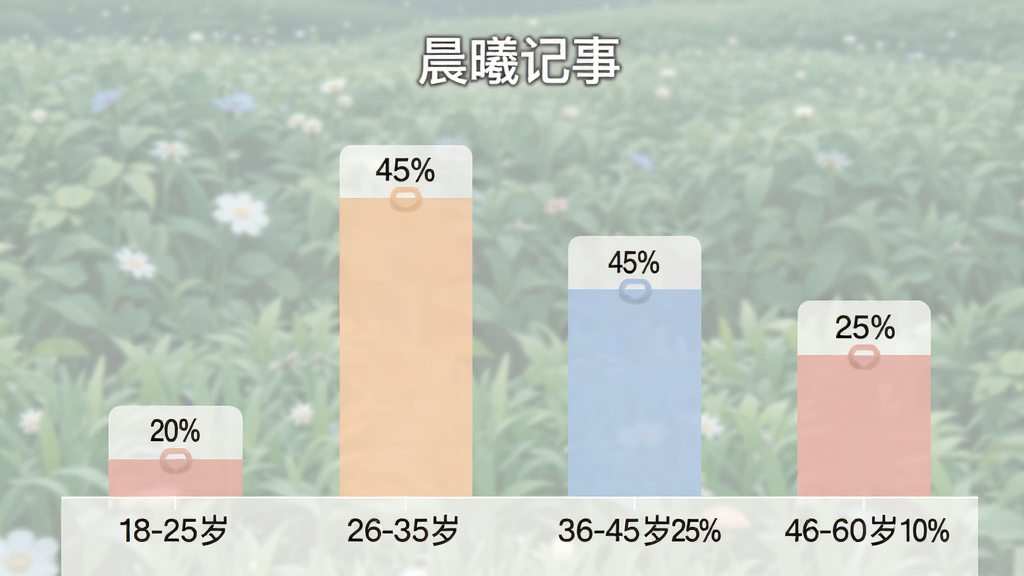 一张展示“晨曦记事”用户年龄分布柱状图的图片,画面中柱状图显示18-25岁20%、26-35岁45%、36-45岁25%、46-60岁10%,配色柔和,背景简洁,数据标签清晰可见,画质干净,无多余元素