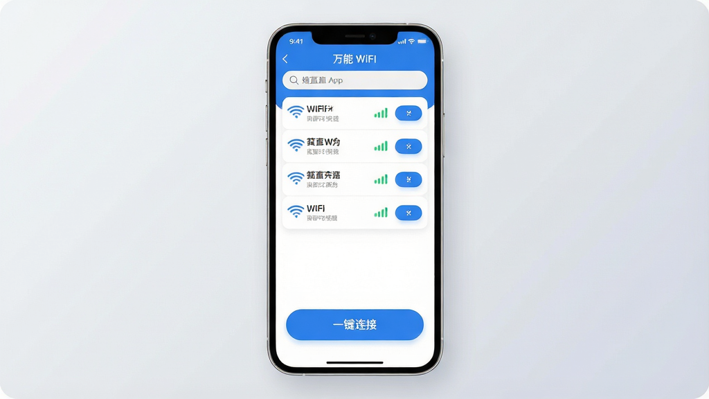 一张手机界面展示图,画面中央是一部现代智能手机,手机屏幕上显示万能WiFi一键直连App的主界面,界面以蓝白配色为主,顶部是搜索到的WiFi列表,每个WiFi名称旁边有信号强度图标和连接按钮,底部有一个醒目的蓝色一键连接大按钮,背景是柔和的浅灰色渐变,风格简洁现代扁平化,细节圆润,画质干净清晰,无多余元素