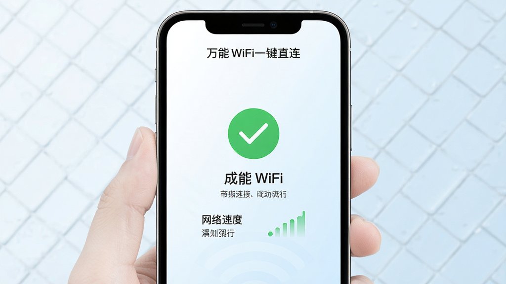 一张手机屏幕截图风格的展示图,画面中心是万能WiFi一键直连App的连接成功界面,界面中央显示一个绿色的对勾图标和已连接的WiFi名称,下方显示网络速度和信号强度,顶部有万能WiFi一键直连的文字标识,背景为白色和淡蓝色渐变,风格清爽简约,画质干净无多余元素