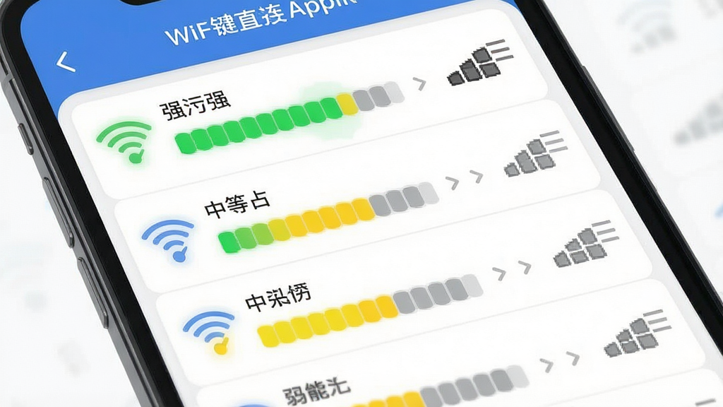 一张手机界面展示图,画面展示万能WiFi一键直连App的信号强度可视化功能,手机屏幕上有多个WiFi热点列表,每个热点旁边有不同颜色的信号强度指示条和信号格图标,绿色表示强信号,黄色表示中等,灰色表示弱信号,界面布局清晰,文字标签明确,风格现代扁平,画质干净无多余元素
