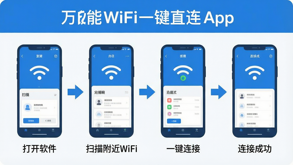 一张信息图风格的展示图,画面展示万能WiFi一键直连App的使用步骤流程图,从左到右依次是打开软件、扫描附近WiFi、点击一键连接、连接成功四个步骤,每个步骤配有简洁的手机界面示意图和箭头连接,整体风格扁平化设计,配色以蓝色和白色为主,文字清晰,画质干净无多余元素
