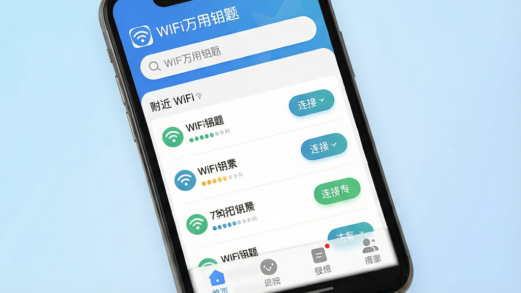һ��չʾWiFi����Կ���������Ľ����ͼƬ��������һ�������ֻ���Ļ����Ļ����ʾWiFi����Կ��App����ҳ�����ְ����������������м丽��WiFi�б���ÿ��WiFi���������ź�ǿ�Ⱥ����Ӱ�ť���ײ����ĸ�������ǩ���Ű������������Ϊ�ִ���ƽ����ƣ�ϸ���ϰ�ťԲ��ͼ���Լ�����ʸ���ɾ��޶���Ԫ�أ�����Ϊǳ��ɫ���䣬ͼƬ�����ֱ��������WiFi����Կ�ס�