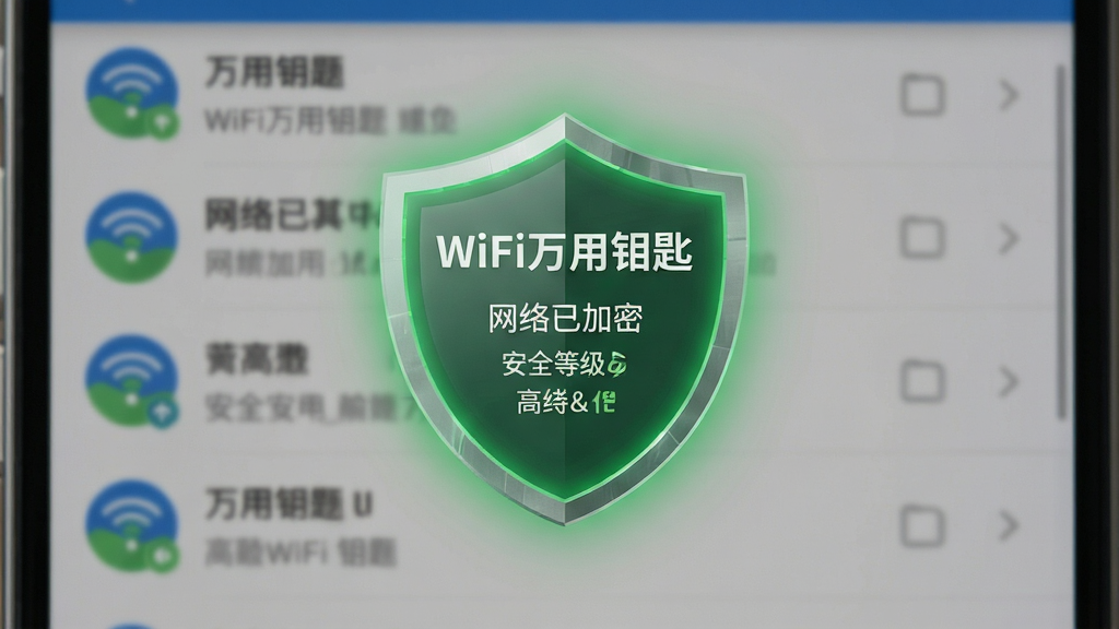 һ��չʾWiFi����Կ�װ�ȫ��⹦�ܵ�ͼƬ���������ֻ���Ļ����һ��������״�İ�ȫ��ʾ���ڣ���������ʾ�����Ѽ��ܡ���ȫ�ȼ��ߵ���Ϣ������Ϊ���е���������ģ����ʾWiFi�б����Ű��࣬���Ϊ��ȫ�Ƽ��У�ϸ���϶�������ɫ���Ρ��������������ʸ���ɾ��޶���Ԫ�أ�ͼƬ�����ֱ��������WiFi����Կ�ס�