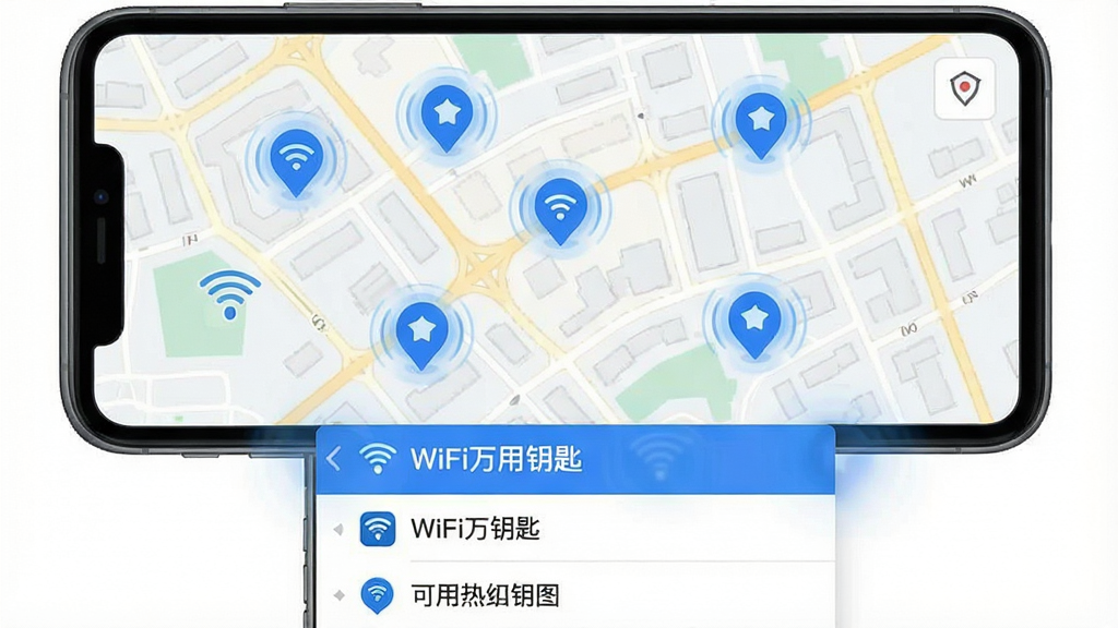 һ��չʾWiFi����Կ���ȵ��ͼ���ܵ�ͼƬ���������ֻ���Ļ��ʾ��ͼ���棬��ͼ���ж����ɫ��ǵ��������WiFi�ȵ㣬����Ϊ�ϰ벿�ֵ�ͼ���°벿���ȵ��б����Ű����������Ϊ�Ƽ��б�ƽ�磬ϸ���ϱ�ǵ������嶯��Ч������·�ͽ���������࣬���ʸ���ɾ��޶���Ԫ�أ�ͼƬ�����ֱ��������WiFi����Կ�ס�