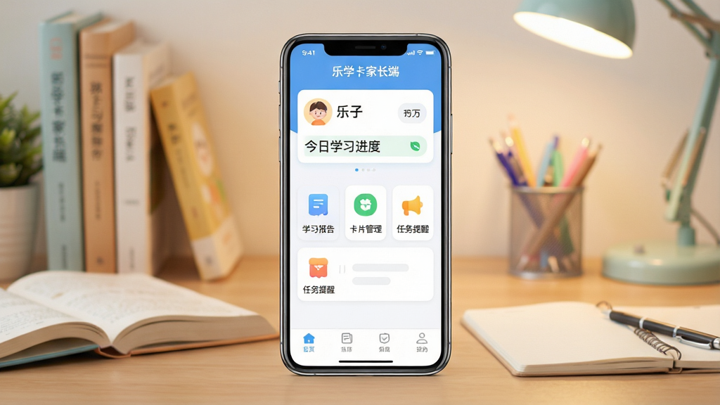 һ��չʾ��ѧ���ҳ����ֻ�App�������ͼƬ������������һ���ִ������ֻ�����Ļ��ʾ����ѧ���ҳ��ˡ�App����ҳ���Ϸ��к��������ͽ���ѧϰ���ȿ�Ƭ���м��ǹ���ͼ��������ѧϰ���桢��Ƭ�������������ѵ�ģ�飬�ײ������������ɼ�������Ϊ��ܰ�ļ�ͥ�鷿�����������Ϸ����鱾���ľߣ�����������������ɫ����ͣ�ϸ�ھ��£����ʸɾ����޶���Ԫ�ء�
