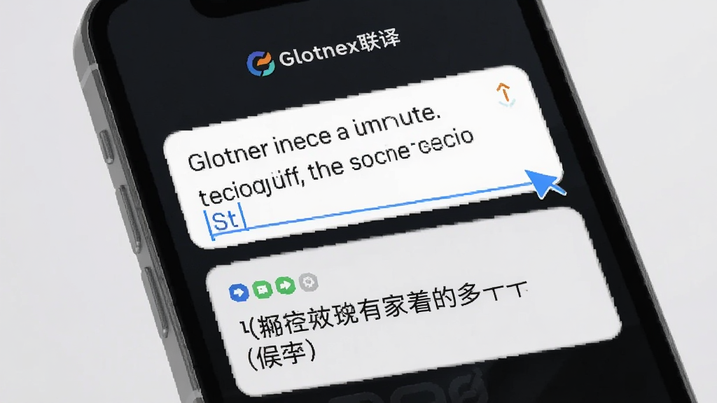 һ��չʾGlotnex����ʵʱ�ı����빦�ܵ�ͼƬ���������ֻ���Ļ��ʾ���������һ��Ӣ�ģ��·�����������ʾ��Ӧ�����ģ���Ļ�Ϸ���Glotnex�����logo����������͵�ǳ��ɫ����������񣬻����������޶���Ԫ��
