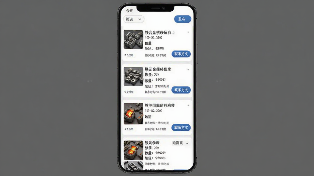 ���Ͻ����߹�����Ϣ�б�ҳ�棬�ֻ���Ļ��ʾ�����������ӣ�ÿ��������ƷͼƬ�����⡢����������������ʱ�����ϵ��ʽ��ť������Ϊ��ɫ�����ӿ�Ƭ��ǳ��ɫ�ָ��ߣ�������ɸѡ�ͷ�����ť�����ʵ�ü�࣬���ʸɾ����޶���Ԫ��
