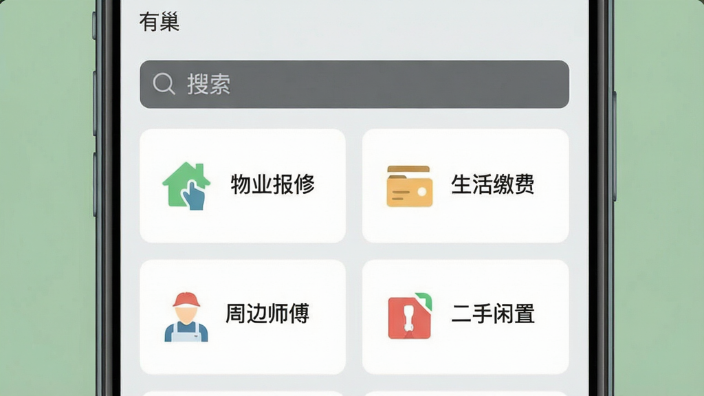 һ���ֻ�Ӧ�ý����ͼ��չʾ���г���App����������ҳ�棬ҳ�涥�����������·��Կ�Ƭ��ʽ�����š���ҵ���ޡ���������ɷѡ������ܱ�ʦ���������������á��ĸ�������ڣ���Ƭ���м��ı�ƽ��ͼ�꣬����Ϊǳ��ɫ������Ϊ���ɫ�����岼���������ɾ��޶���Ԫ��