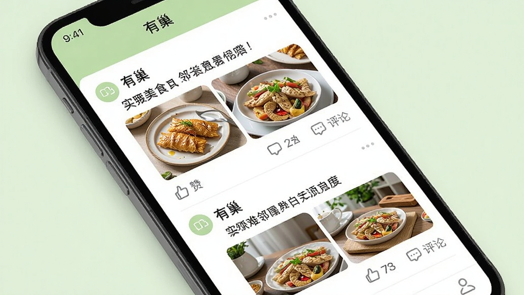һ���ֻ�����չʾͼ��չʾ���г���App������Ȧ���ܣ���������һ�����ھӷ����Ķ�̬���������ֺ�ͼƬ������ɹ��ʳ����ѯ��Ϣ�ȣ�ÿ����̬�·��е��޺�����ͼ�꣬������������Ȼ���԰�ɫ��ǳ��ɫΪ�����Ű����ʣ����ʸɾ����޶���Ԫ��