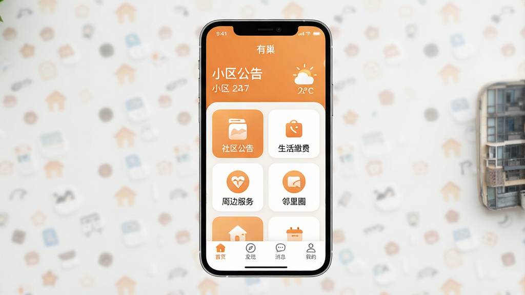 һ���ֻ���Ļչʾͼ��������������Ϊ���г�����App�����棬������ů��ɫ�Ͱ�ɫΪ��ɫ����������ʾС�����ƺ��������м��ǹ��ܿ�Ƭ���񲼾֣������������桢����ɷѡ��ܱ߷�������Ȧ��ͼ�꣬�ײ�Ϊ��ҳ�����֡���Ϣ���ҵ��ĸ�ѡ�����������ܰ��࣬ͼ��Բ�󣬻��������ɾ����޶���Ԫ��