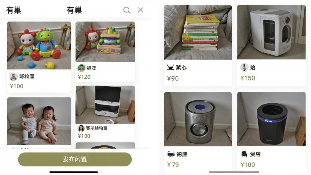 һ���ֻ�Ӧ�ý����ͼ��չʾ���г���App�Ķ�������ҳ�棬ҳ�����ٲ�����ʽչʾ�ھӷ�����������Ʒ�����ͯ��ߡ��鼮��С�ҵ�ȣ�ÿ����Ʒ��Ƭ����ͼƬ�����ƺͼ۸񣬵ײ��С��������á���ť��������Ƽ�࣬�԰�ɫΪ����ͼƬ�������޶���Ԫ��