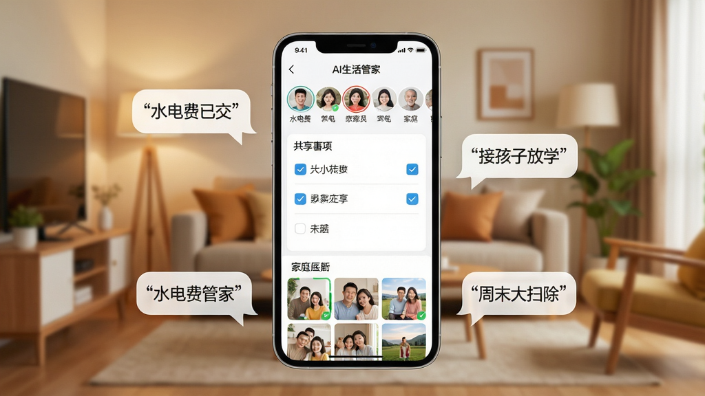 AI����ܼ� ��ͥ�����ռ书��չʾͼ������������һ���ֻ�����Ļ����ʾ��ͥ�����ռ���棬�����Ǽ�ͥ��Աͷ���б����м��ǹ������������嵥���ѹ�ѡ��δ��ѡ״̬�����ײ��Ǽ�ͥ�������ͼ�����ֻ���ΧƯ���ż����Ի����ݣ�����д�š�ˮ����ѽ������Ӻ��ӷ�ѧ������ĩ��ɨ���������֡�������ůɫ���ļ�ͥ�����黯��������������ܰ�ִ������ʸɾ����޶���Ԫ�أ����ֱ�������š�AI����ܼҡ�