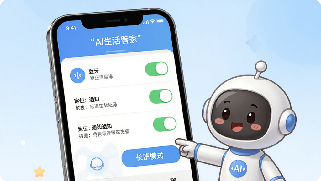 AI����ܼ� ����������������չʾͼ��������һ���ֻ���ʾAI����ܼҵ�Ȩ������ҳ�棬ҳ��������������λ��֪ͨ��Ȩ�޿��أ�ÿ�������Ա��м��˵�����֡��ֻ��Ա���һ����ͨ����С����������ָ����Ļ�ϵġ�����ģʽ����ť�������ǵ���ɫ���䣬�������Ѻ����У����ʸɾ����޶���Ԫ�أ����ֱ�������š�AI����ܼҡ�